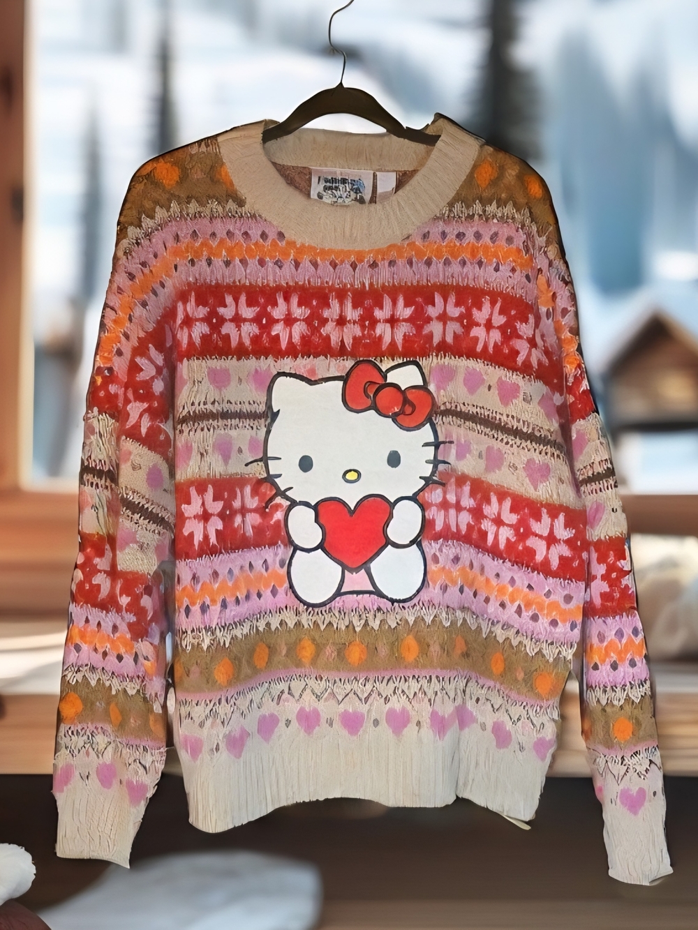 Forever 21 X Hello Kitty & Friends Red Tan Fair Isle Oversized Sweater Medium